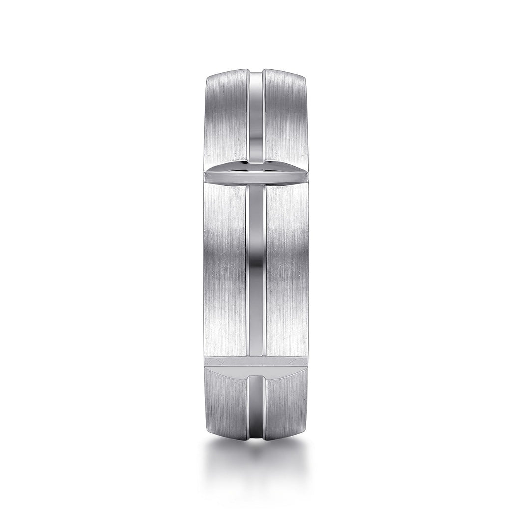 Levi - 14K White Gold 6mm - Carved Station Men's Wedding Band in Satin Finish