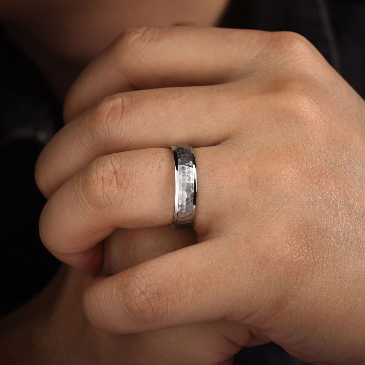 Joshua - 14K White Gold 6mm - Hammered Finish Men's Wedding Band