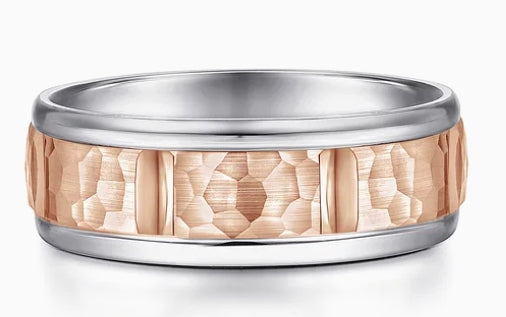 John - 14K White-Rose Gold 7mm - Hammered Station Men's Wedding Band