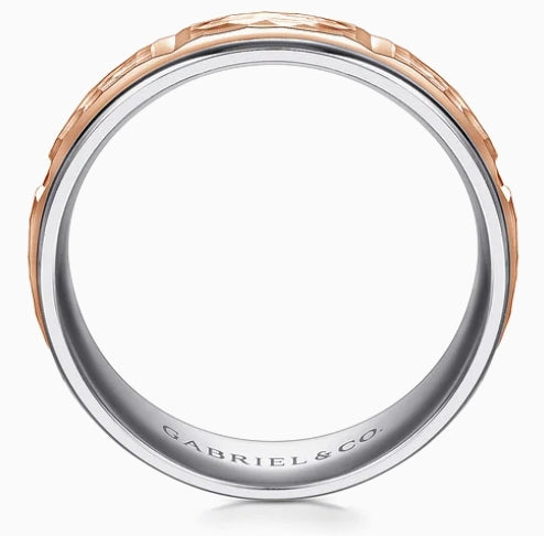 John - 14K White-Rose Gold 7mm - Hammered Station Men's Wedding Band