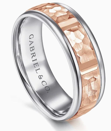John - 14K White-Rose Gold 7mm - Hammered Station Men's Wedding Band