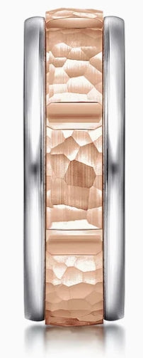 John - 14K White-Rose Gold 7mm - Hammered Station Men's Wedding Band