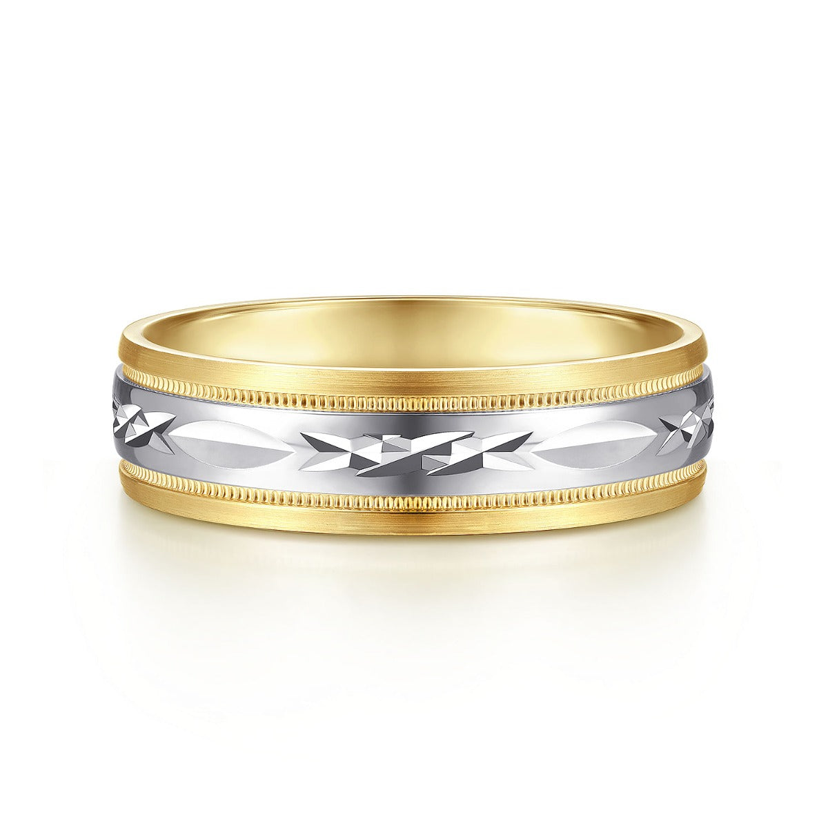 Christopher - 14K White-Yellow 6mm - Engraved Men's Wedding Band in Satin Finish