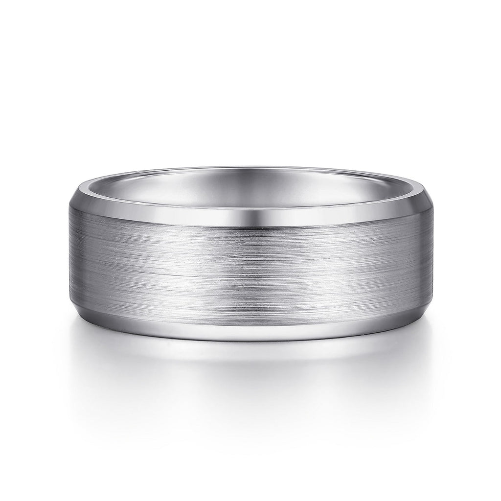 Sebastian - 14K White Gold 8mm - Satin Finish Men's Wedding Band with Beveled Edge