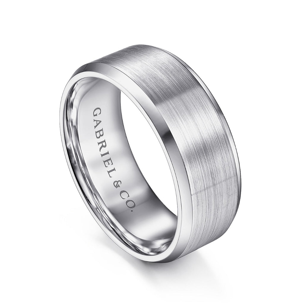 Sebastian - 14K White Gold 8mm - Satin Finish Men's Wedding Band with Beveled Edge
