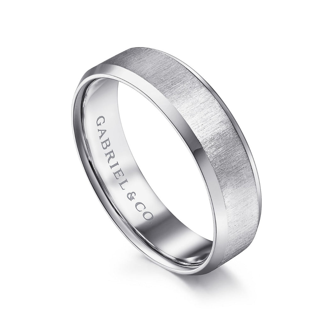Isaiah - 14K White Gold 6mm - Beveled Edge Satin Finish Men's Wedding Band