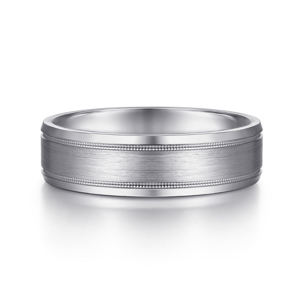Josiah - 14K White Gold 6mm - Satin Polish Center and Milgrain Edge Men's Wedding Band