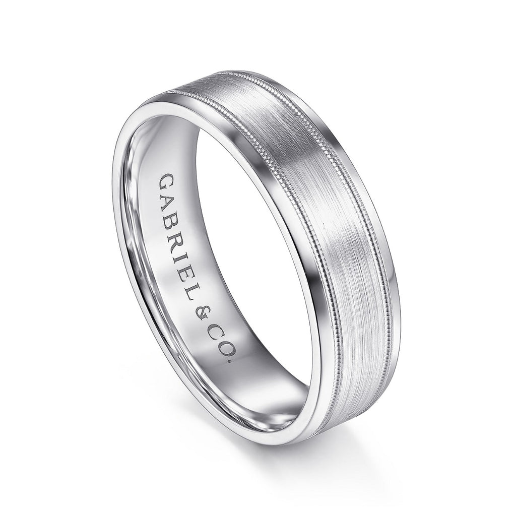 Josiah - 14K White Gold 6mm - Satin Polish Center and Milgrain Edge Men's Wedding Band