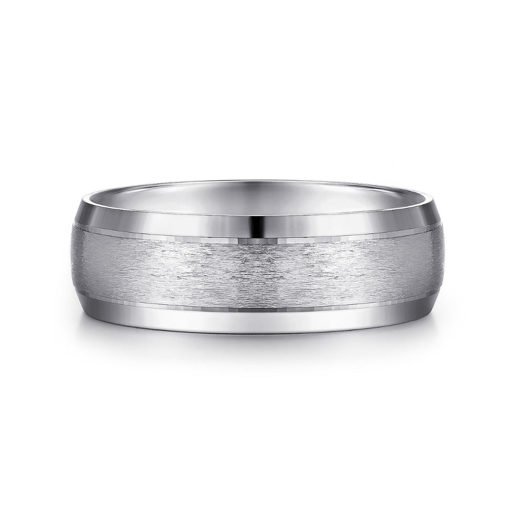 Robert - 14K White Gold 7mm - Beveled Edge Men's Wedding Band in Horizontal Brush Finish