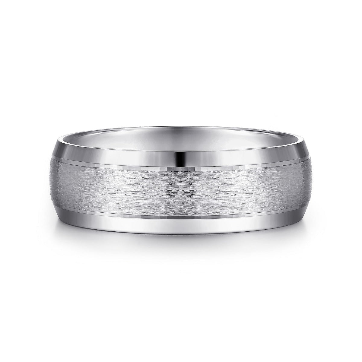 Robert - 14K White Gold 7mm - Beveled Edge Men's Wedding Band in Horizontal Brush Finish
