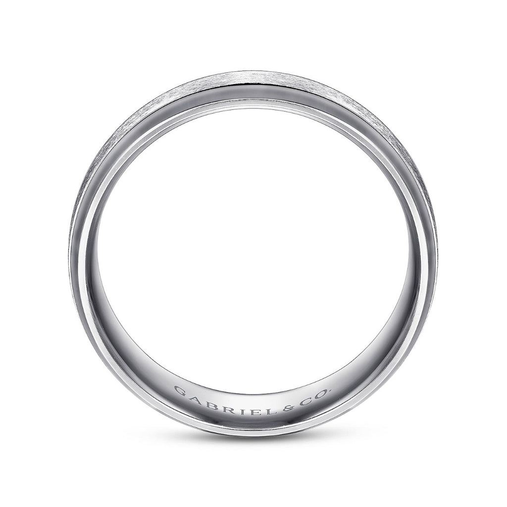 Robert - 14K White Gold 7mm - Beveled Edge Men's Wedding Band in Horizontal Brush Finish