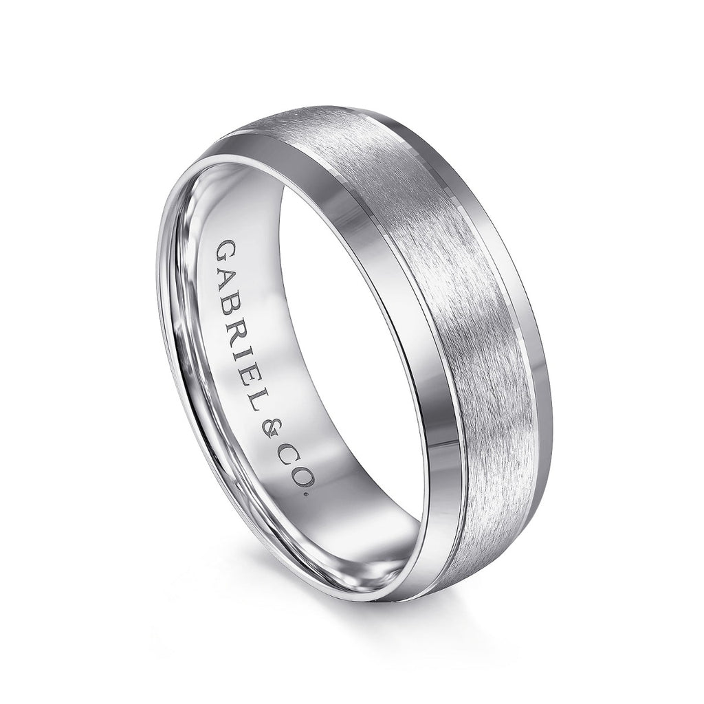 Robert - 14K White Gold 7mm - Beveled Edge Men's Wedding Band in Horizontal Brush Finish