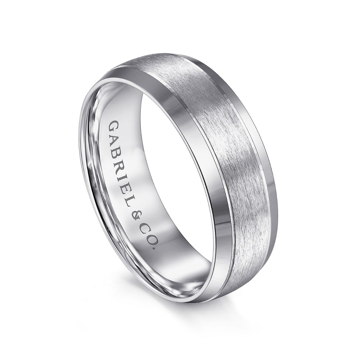 Robert - 14K White Gold 7mm - Beveled Edge Men's Wedding Band in Horizontal Brush Finish