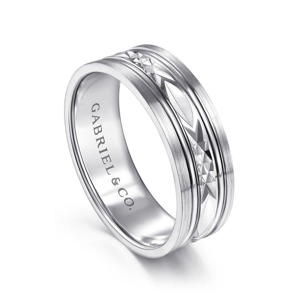 Franco - 14K White Gold 7mm - Diamond Cut Center Men's Wedding Band in Satin Finish