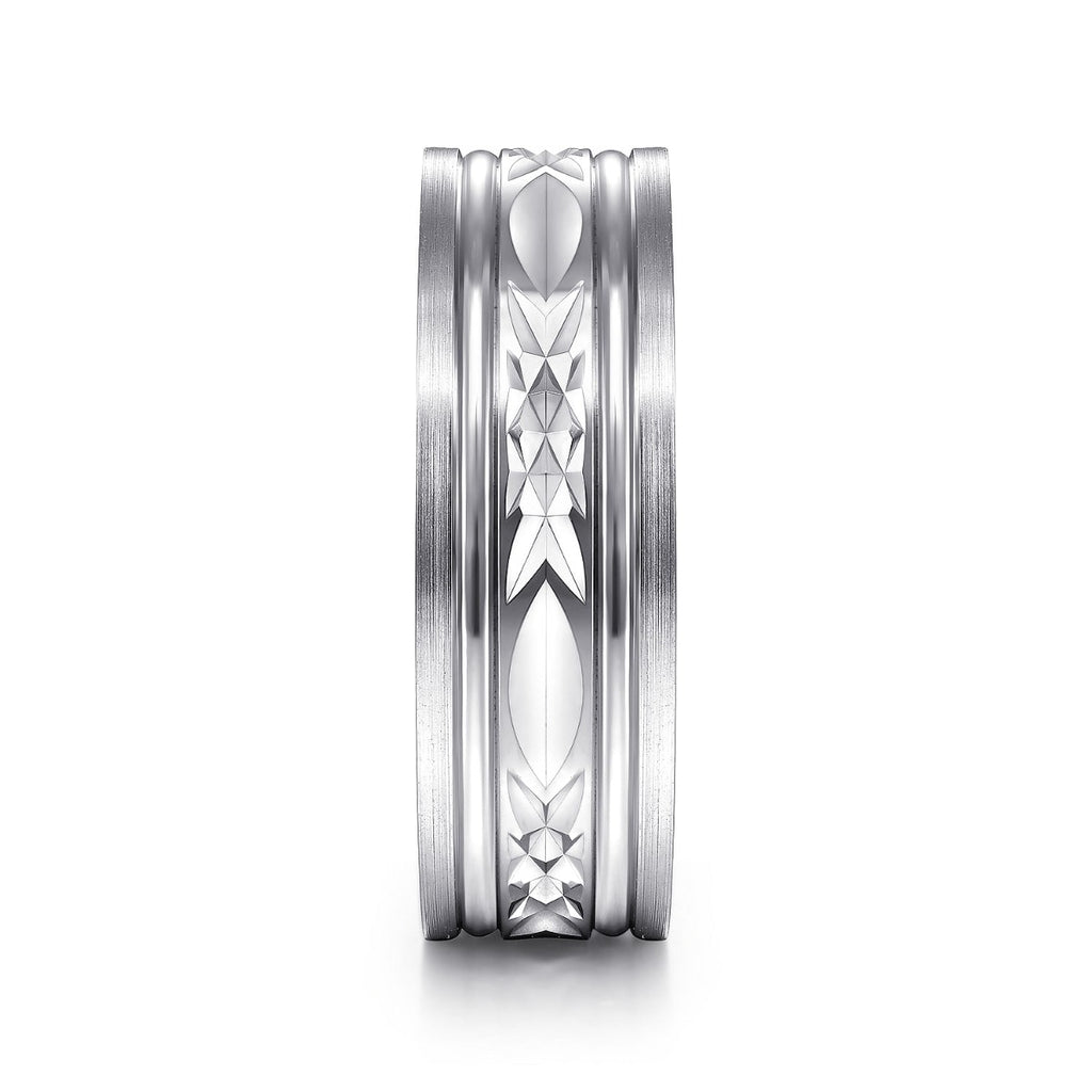 Franco - 14K White Gold 7mm - Diamond Cut Center Men's Wedding Band in Satin Finish