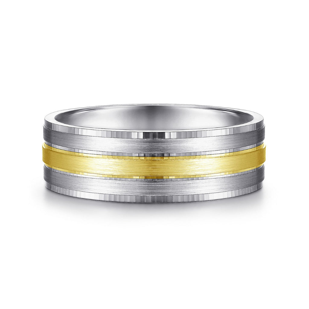 Adam - 14K White-Yellow Gold 7mm - Three Row Satin Finish Men's Wedding Band in Two Tone