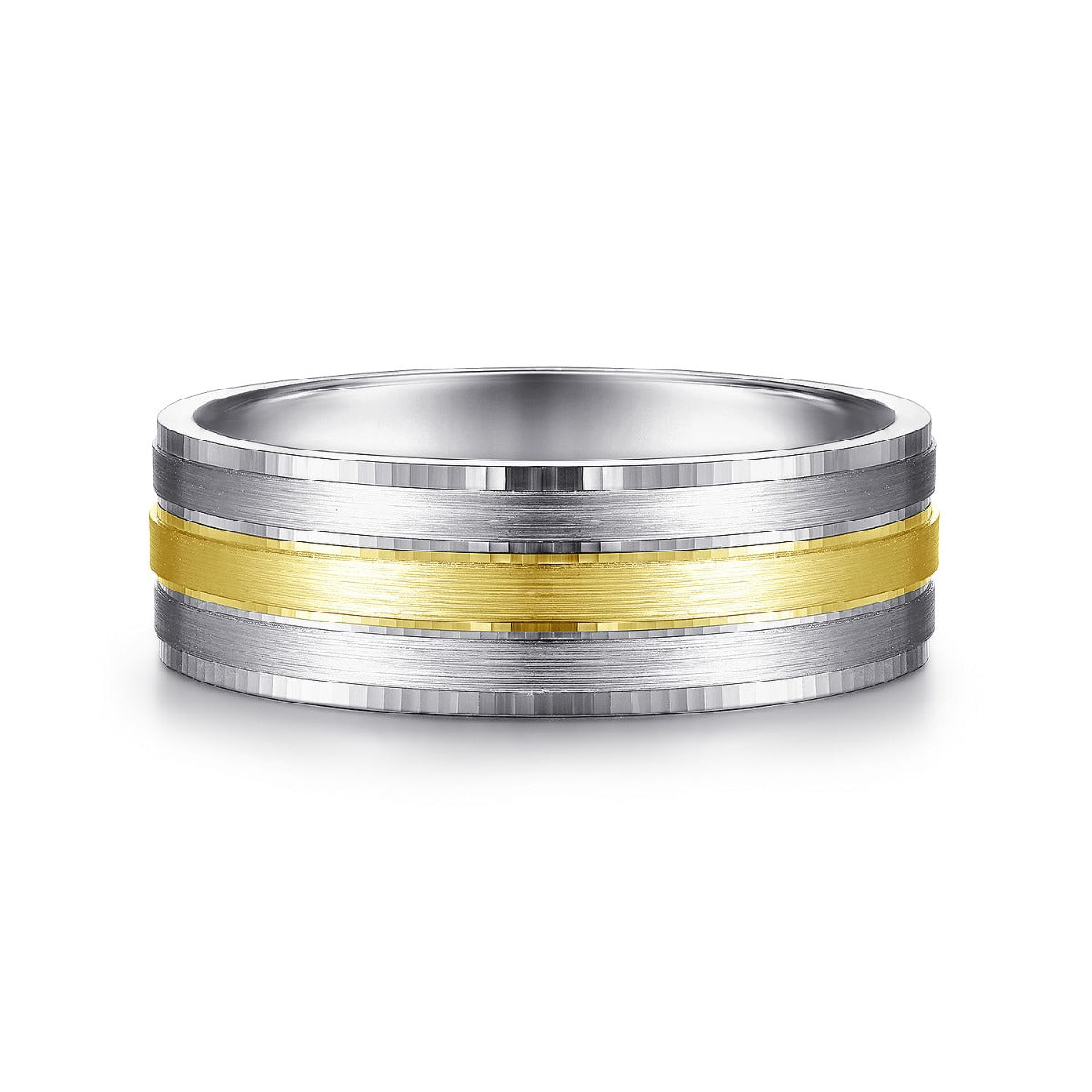 Adam - 14K White-Yellow Gold 7mm - Three Row Satin Finish Men's Wedding Band in Two Tone