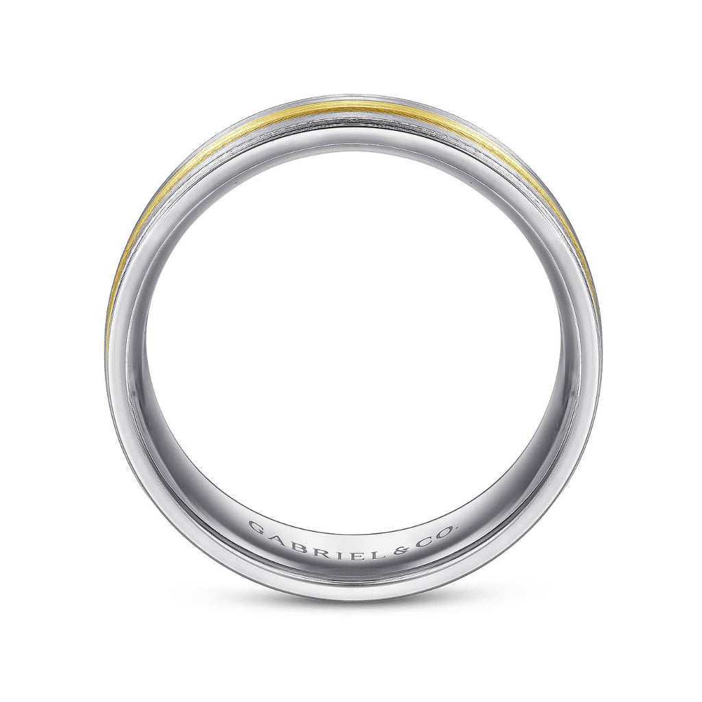 Adam - 14K White-Yellow Gold 7mm - Three Row Satin Finish Men's Wedding Band in Two Tone