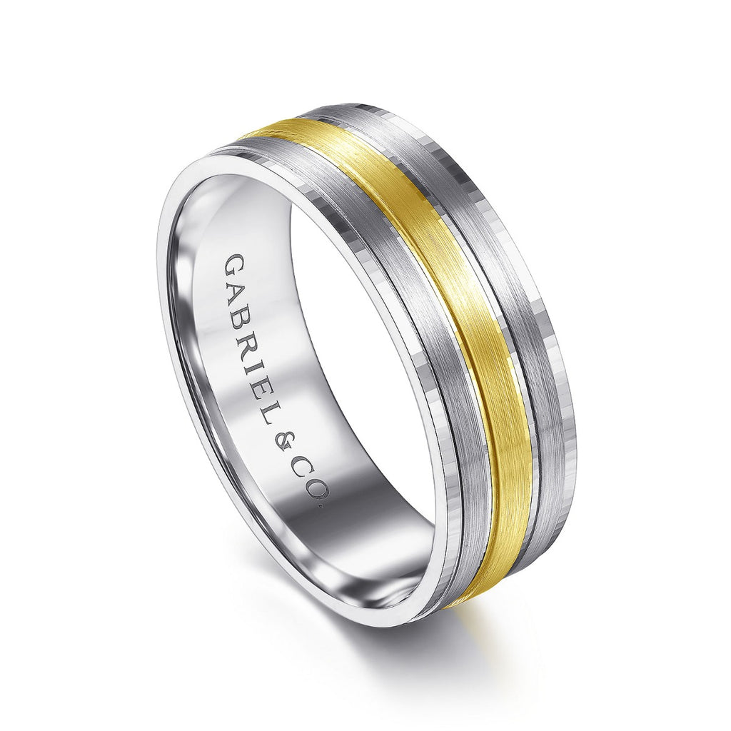 Adam - 14K White-Yellow Gold 7mm - Three Row Satin Finish Men's Wedding Band in Two Tone