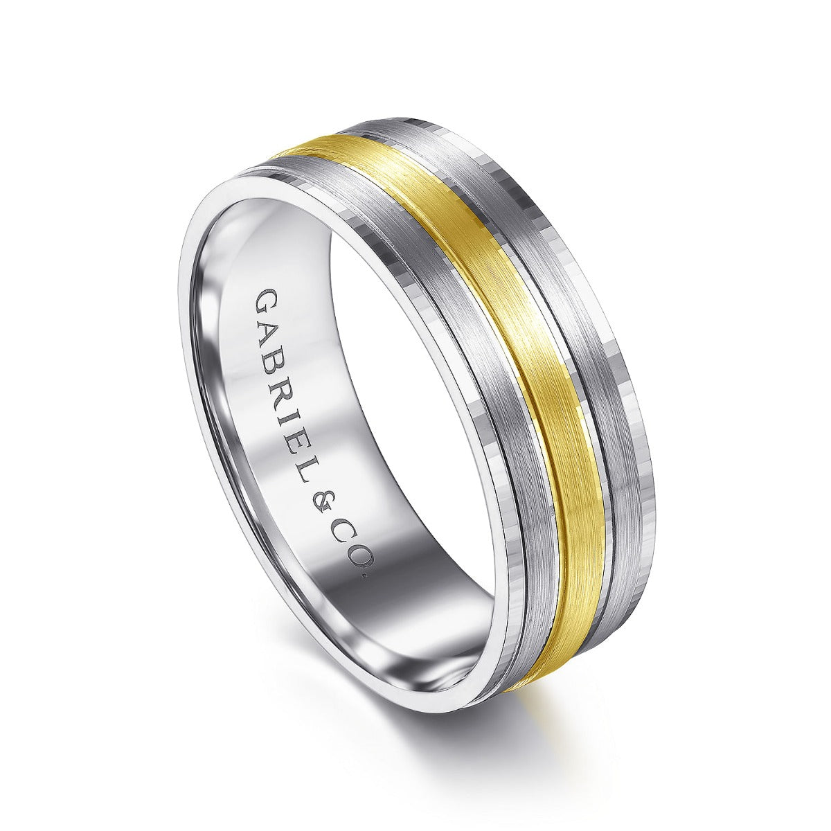 Adam - 14K White-Yellow Gold 7mm - Three Row Satin Finish Men's Wedding Band in Two Tone