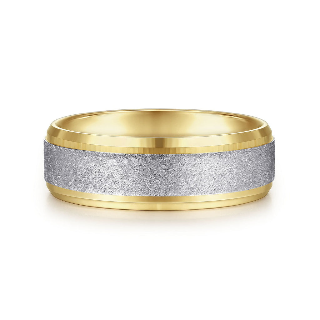 Cole - 14K White-Yellow Gold 7mm - Beveled Edge Men's Wedding Band in Diamond Scratch Finish