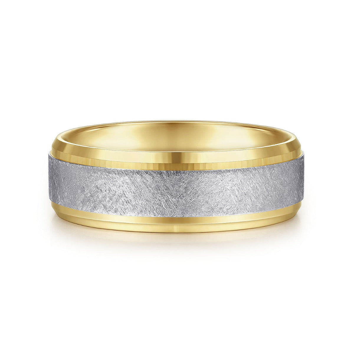Cole - 14K White-Yellow Gold 7mm - Beveled Edge Men's Wedding Band in Diamond Scratch Finish