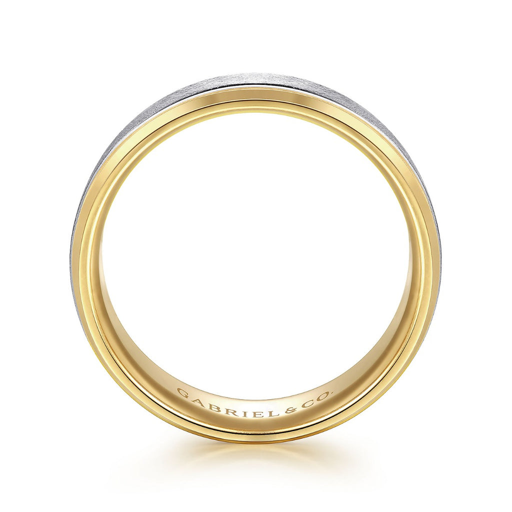 Cole - 14K White-Yellow Gold 7mm - Beveled Edge Men's Wedding Band in Diamond Scratch Finish