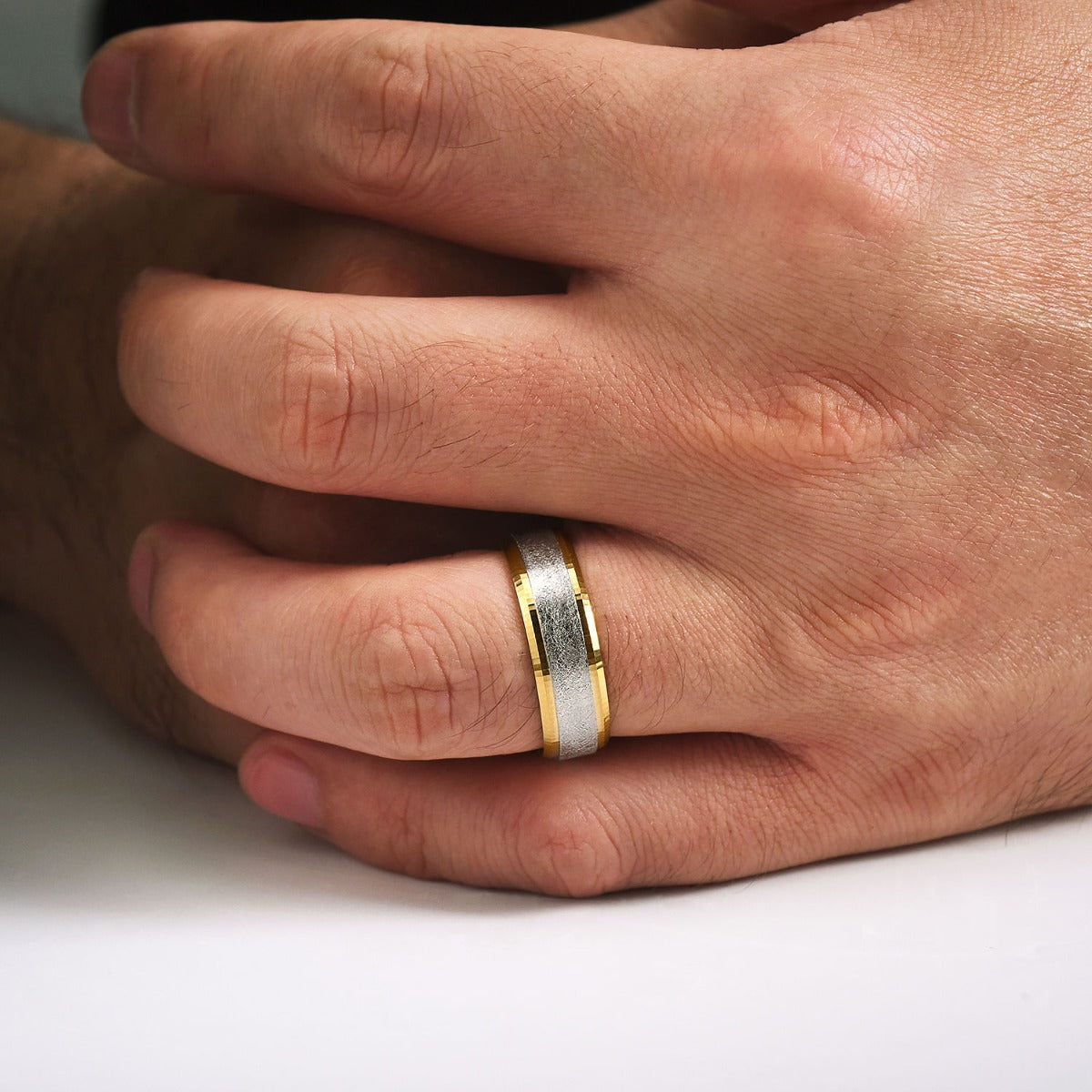 Cole - 14K White-Yellow Gold 7mm - Beveled Edge Men's Wedding Band in Diamond Scratch Finish