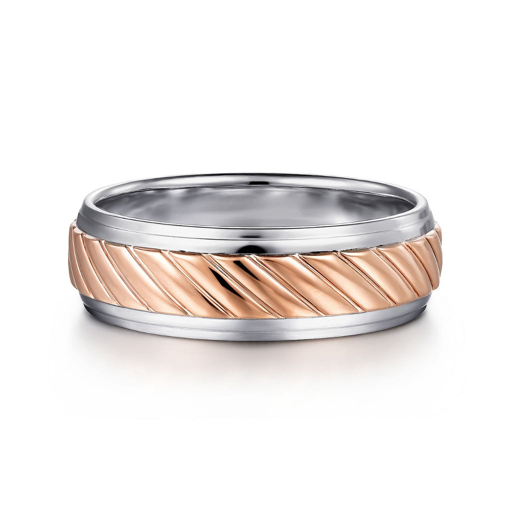August - 14K White-Rose Gold 7mm - Two Tone Carved Men's Wedding Band