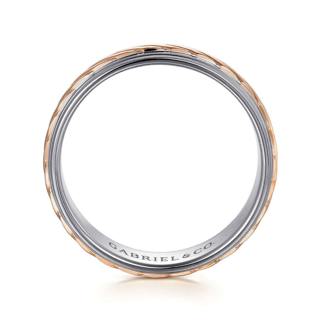 August - 14K White-Rose Gold 7mm - Two Tone Carved Men's Wedding Band