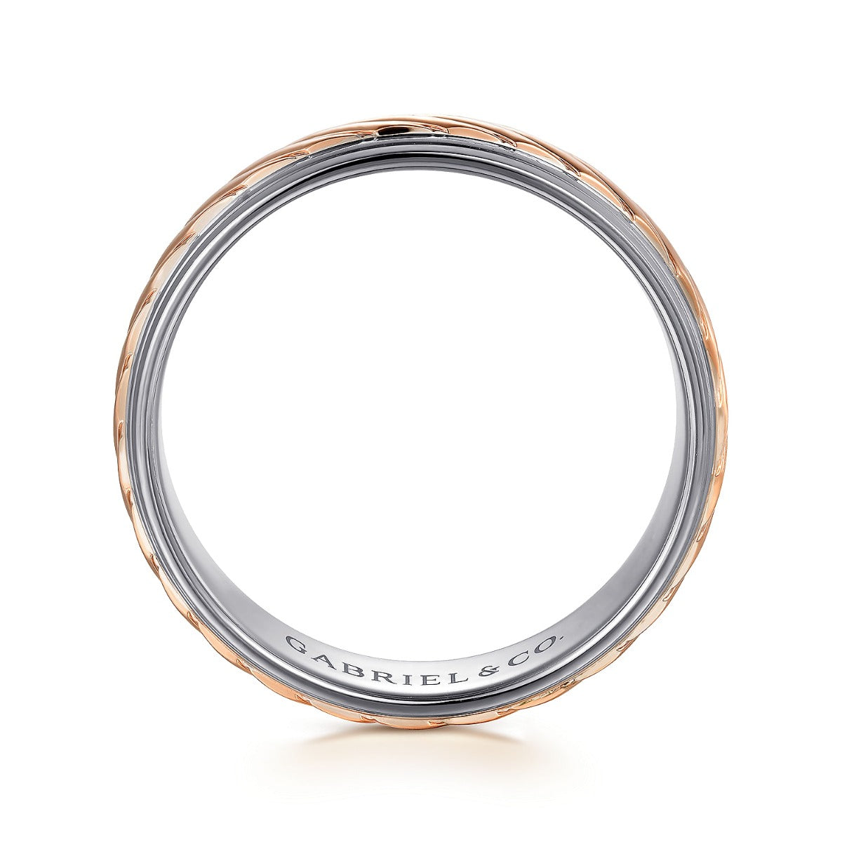 August - 14K White-Rose Gold 7mm - Two Tone Carved Men's Wedding Band