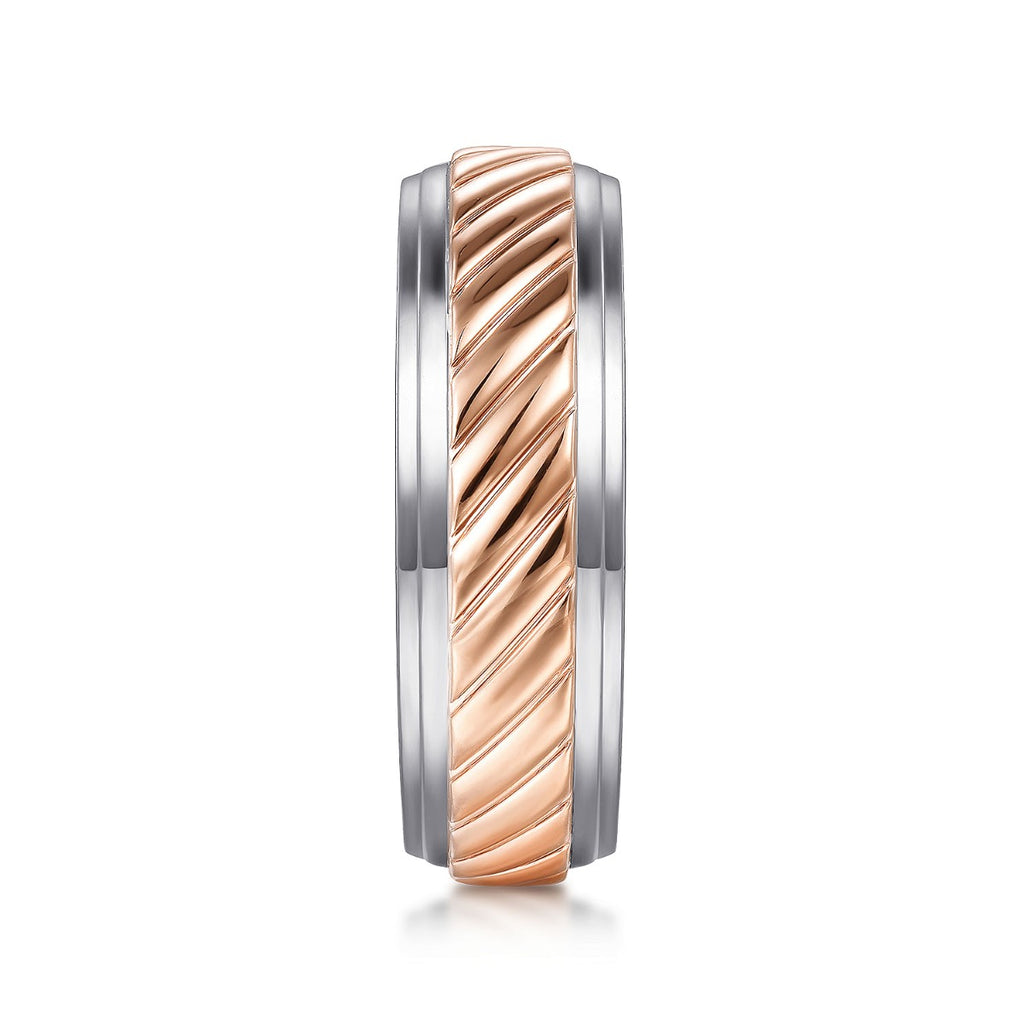 August - 14K White-Rose Gold 7mm - Two Tone Carved Men's Wedding Band