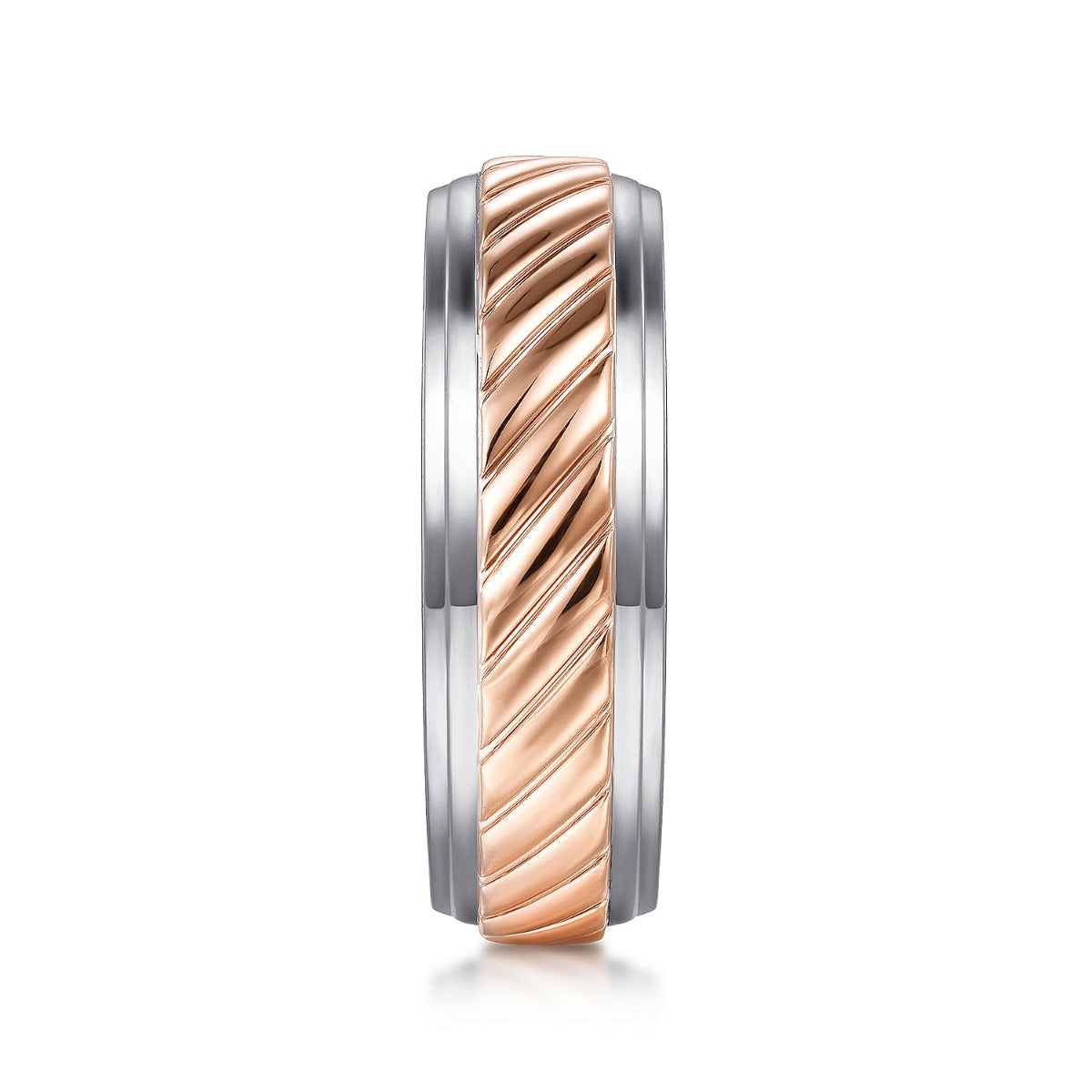 August - 14K White-Rose Gold 7mm - Two Tone Carved Men's Wedding Band