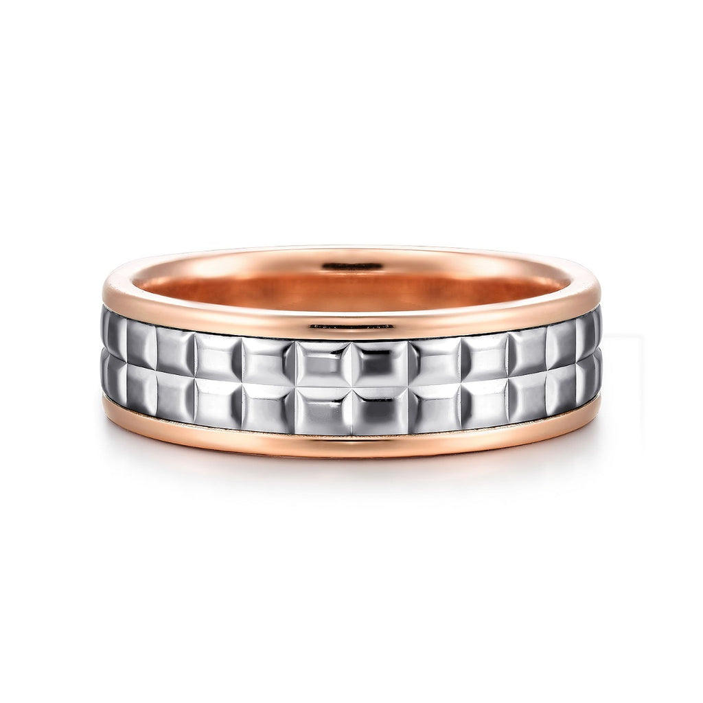 Adam - 14K White-Rose Gold 7mm - Three Row Satin Finish Men's Wedding Band in Two Tone