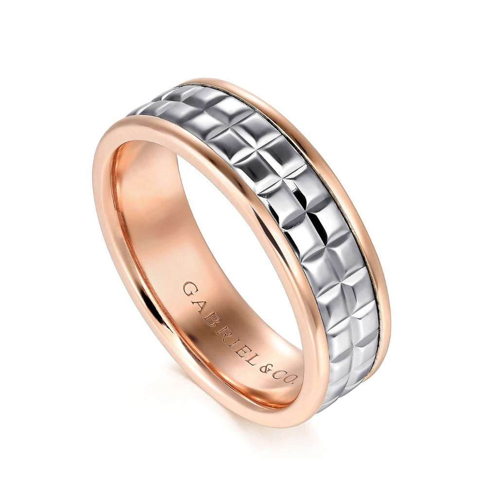 Adam - 14K White-Rose Gold 7mm - Three Row Satin Finish Men's Wedding Band in Two Tone