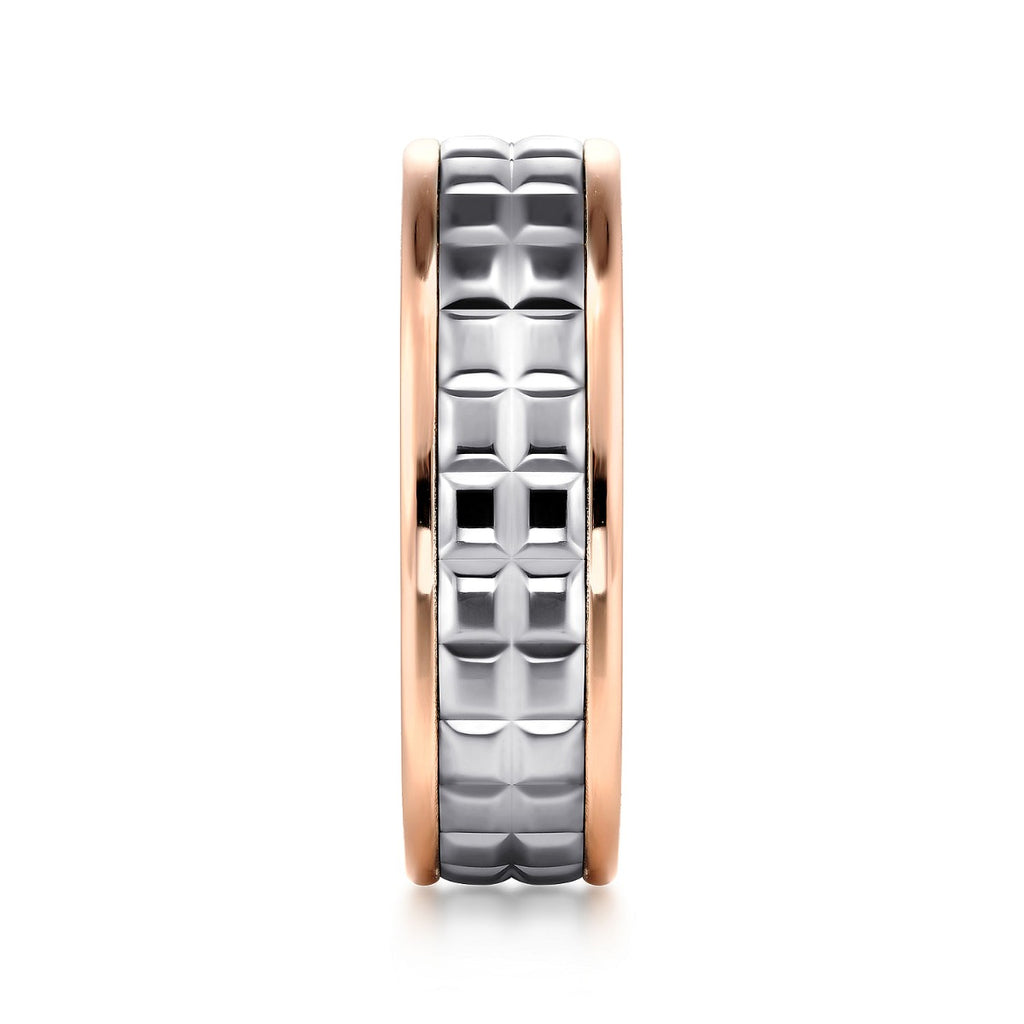 Adam - 14K White-Rose Gold 7mm - Three Row Satin Finish Men's Wedding Band in Two Tone