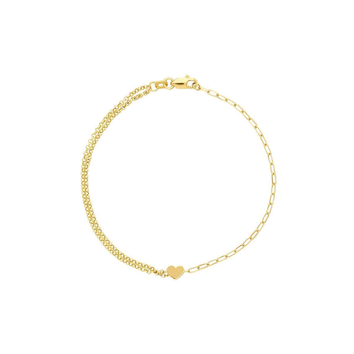 Amara 14K Yellow Gold 50/50 Paper Clip + Double Rolo Heart Bracelet