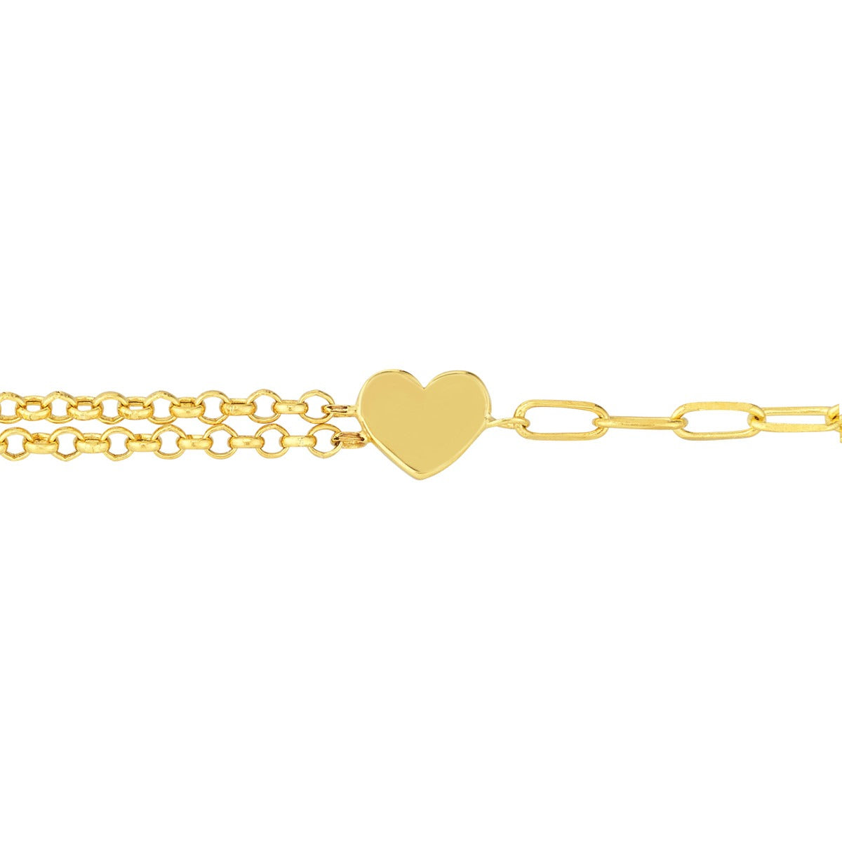Amara 14K Yellow Gold 50/50 Paper Clip + Double Rolo Heart Bracelet