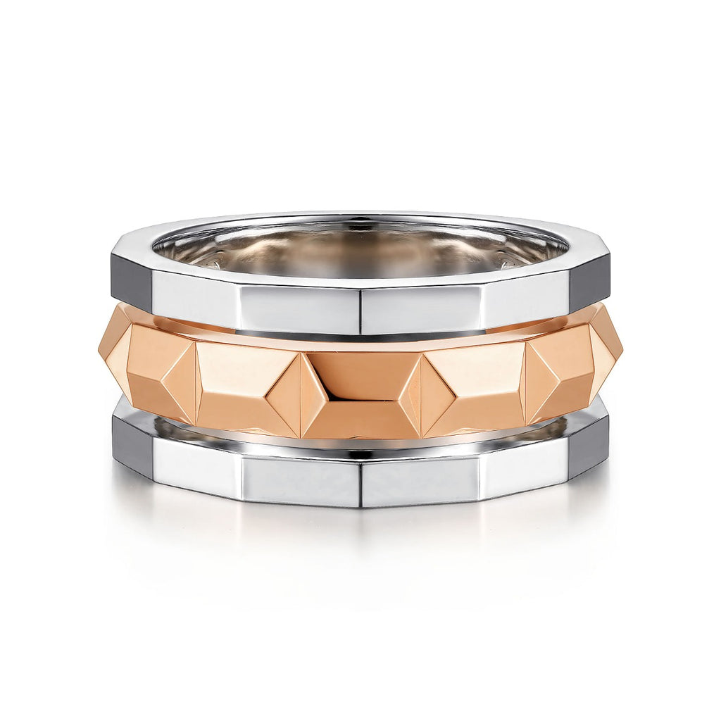 14K Rose-White Gold Wide Faceted Ring in High Polished Finish