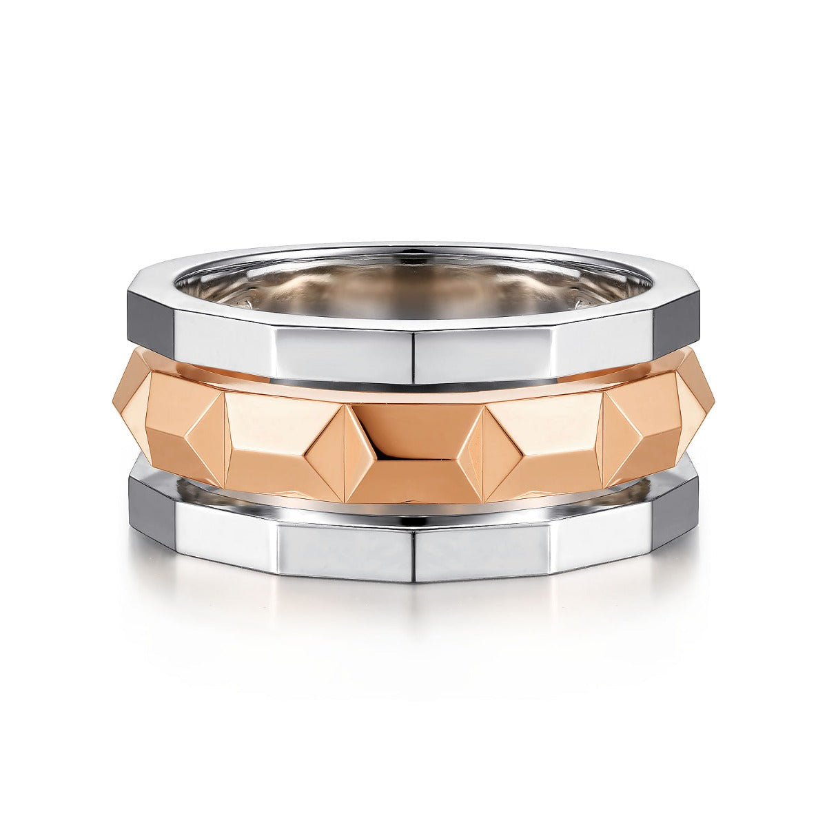 14K Rose-White Gold Wide Faceted Ring in High Polished Finish
