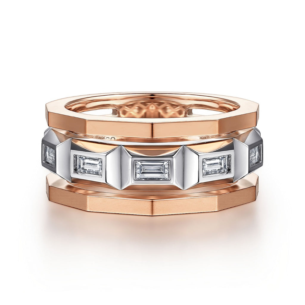 14K White and Rose Gold Faceted Ring with Diamond Baguettes in High Polished Finish