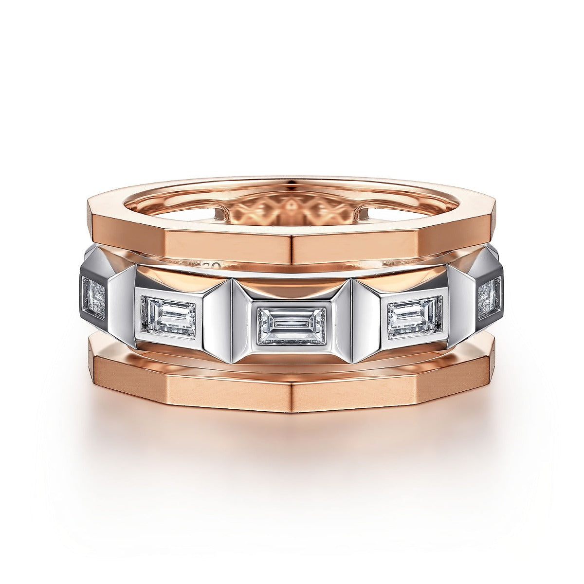 14K White and Rose Gold Faceted Ring with Diamond Baguettes in High Polished Finish