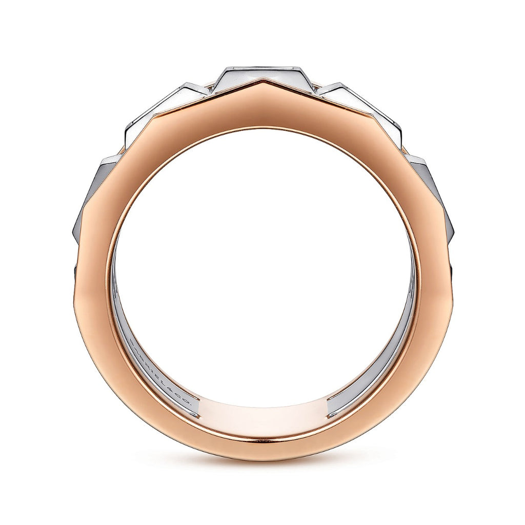 14K White and Rose Gold Faceted Ring with Diamond Baguettes in High Polished Finish