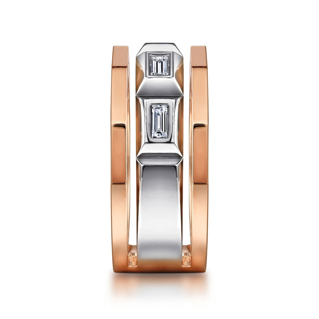14K White and Rose Gold Faceted Ring with Diamond Baguettes in High Polished Finish