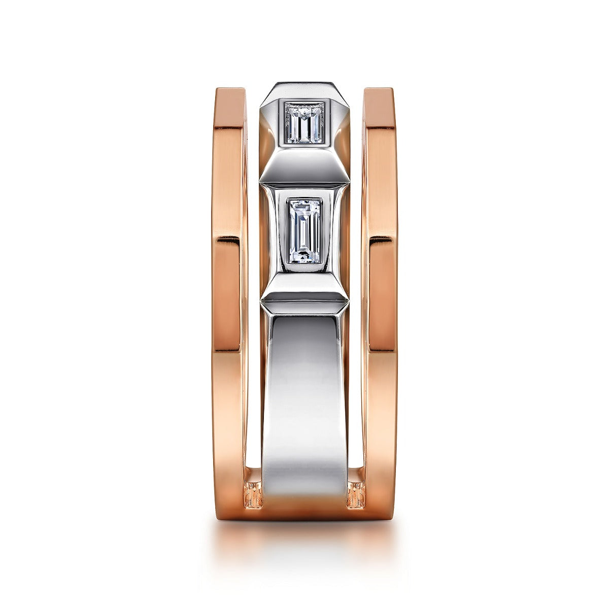 14K White and Rose Gold Faceted Ring with Diamond Baguettes in High Polished Finish