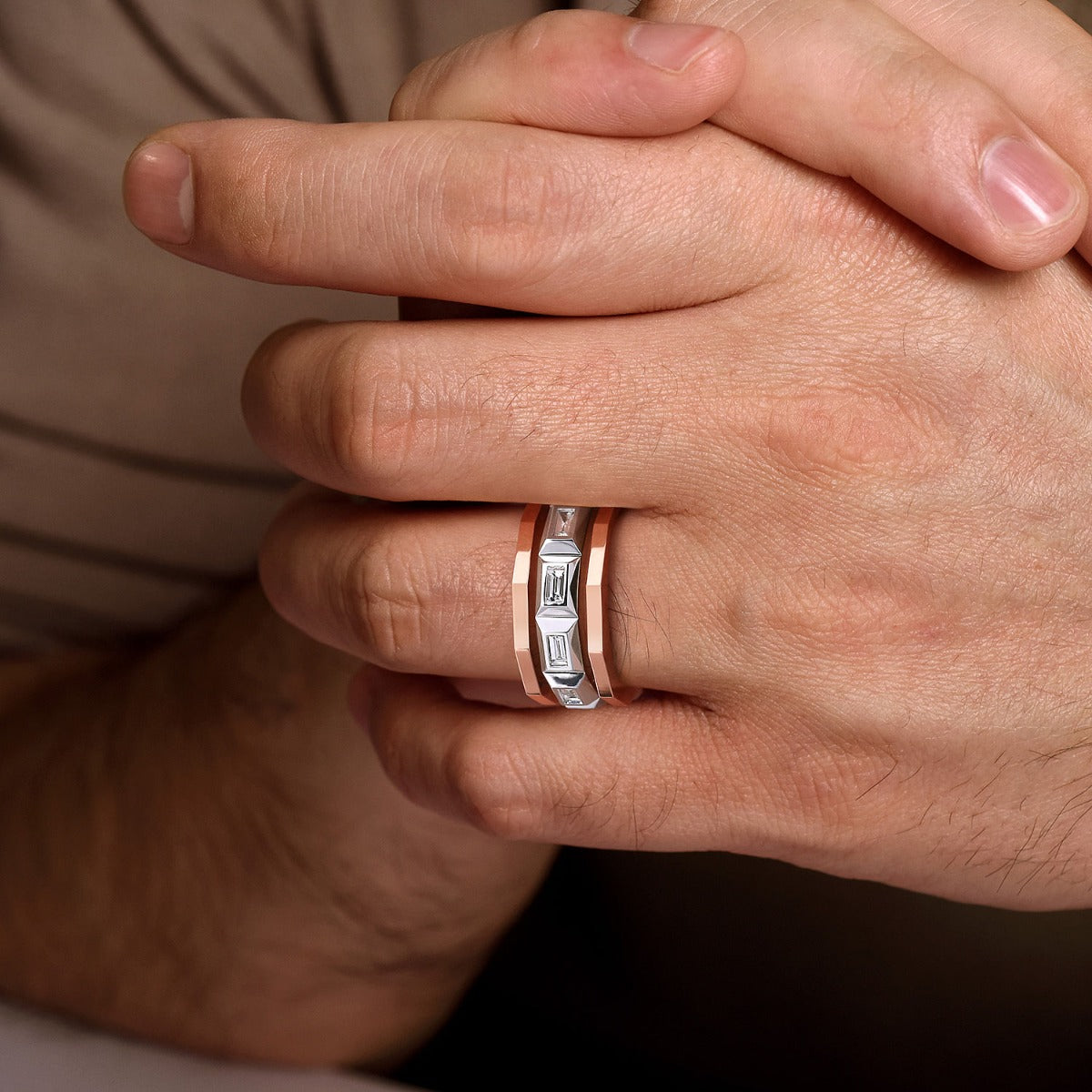 14K White and Rose Gold Faceted Ring with Diamond Baguettes in High Polished Finish