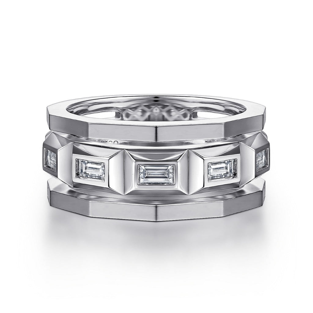 14K White Gold Faceted Ring with Diamond Baguettes in High Polished Finish