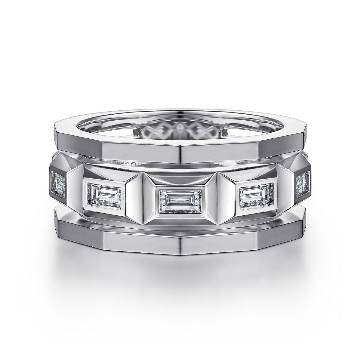 14K White Gold Faceted Ring with Diamond Baguettes in High Polished Finish