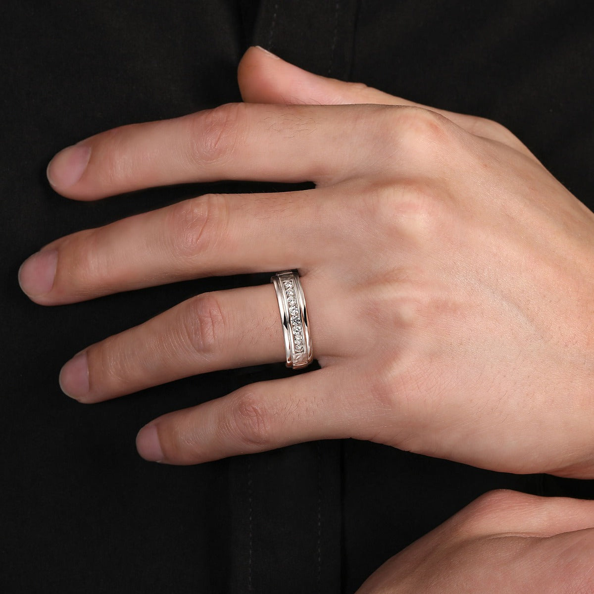 Enzo - 14K White Gold Diamond Men's Wedding Ring in Sand Blast Finish