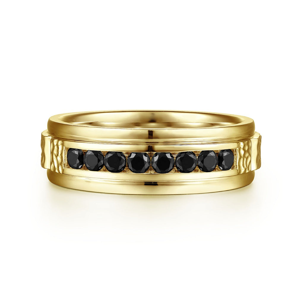 Enzo - 14K Yellow Gold Black Diamond Men's Wedding Ring in Sand Blast Finish